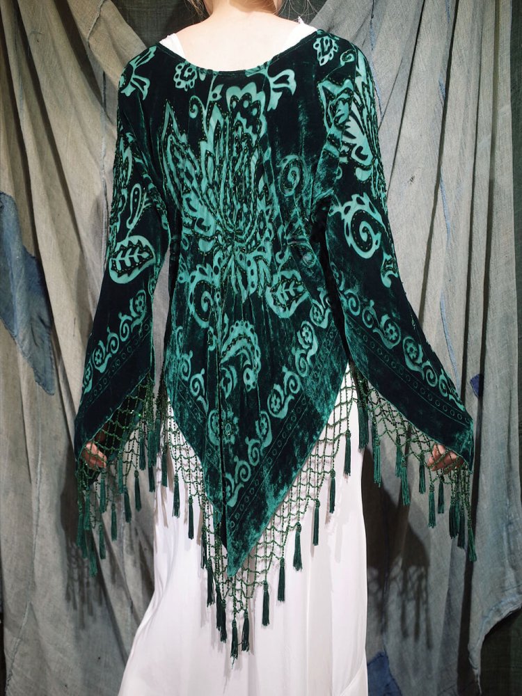 Deep Green Arabesque Velvet  Sheer Tassel Fringe Tops