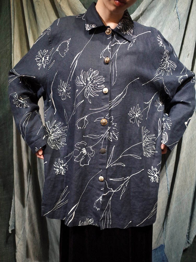 Flower Art Black Linen Shirt Metal Buttons