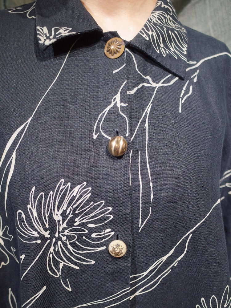 Flower Art Black Linen Shirt Metal Buttons