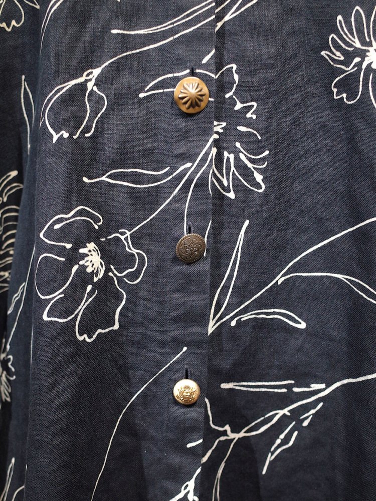 Flower Art Black Linen Shirt Metal Buttons