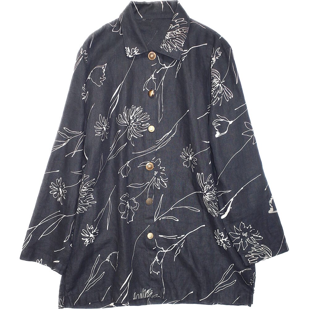 Flower Art Black Linen Shirt Metal Buttons