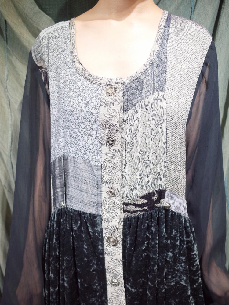 Velvet  Jacquard Switch Sheer Sleeves Dress