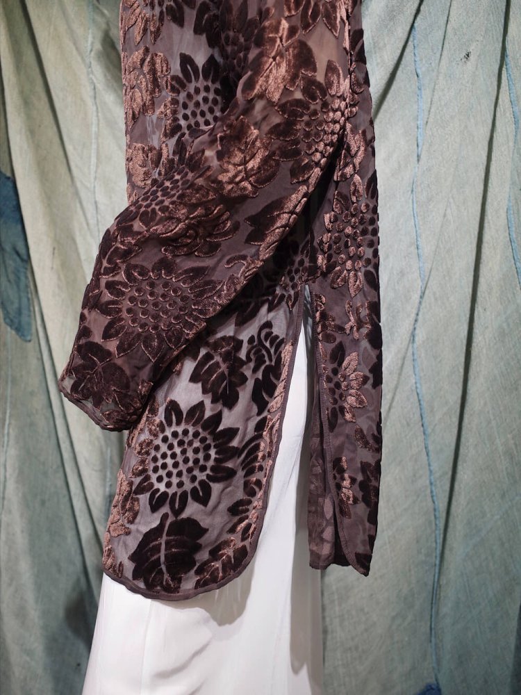 Chocolate Brown Flower Velvet  Sheer Slit Tops