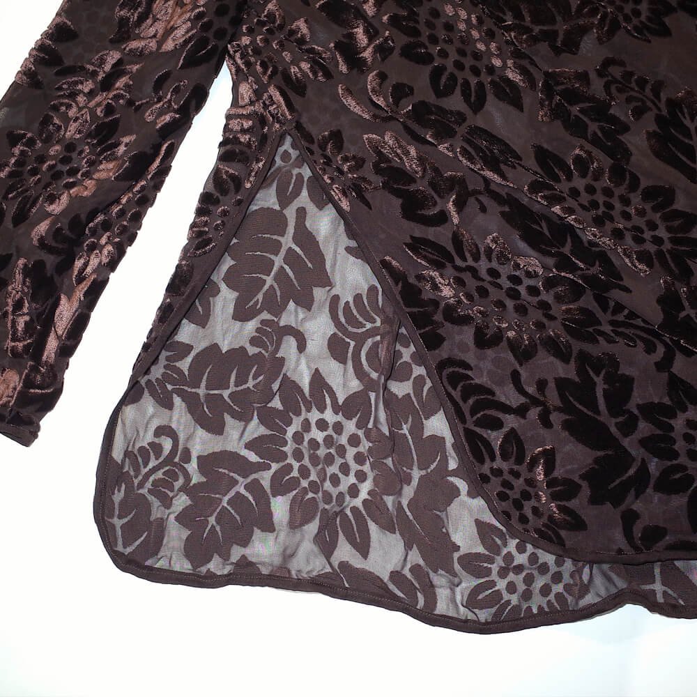 Chocolate Brown Flower Velvet  Sheer Slit Tops