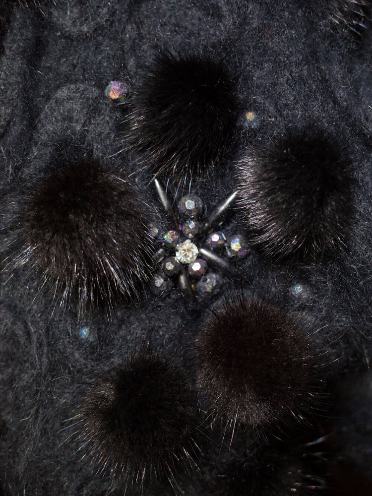 Black Angora Pompon & Bijou Embroidery Knit Jacket
