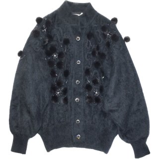 Black Angora Pompon & Bijou Embroidery Knit Jacket
