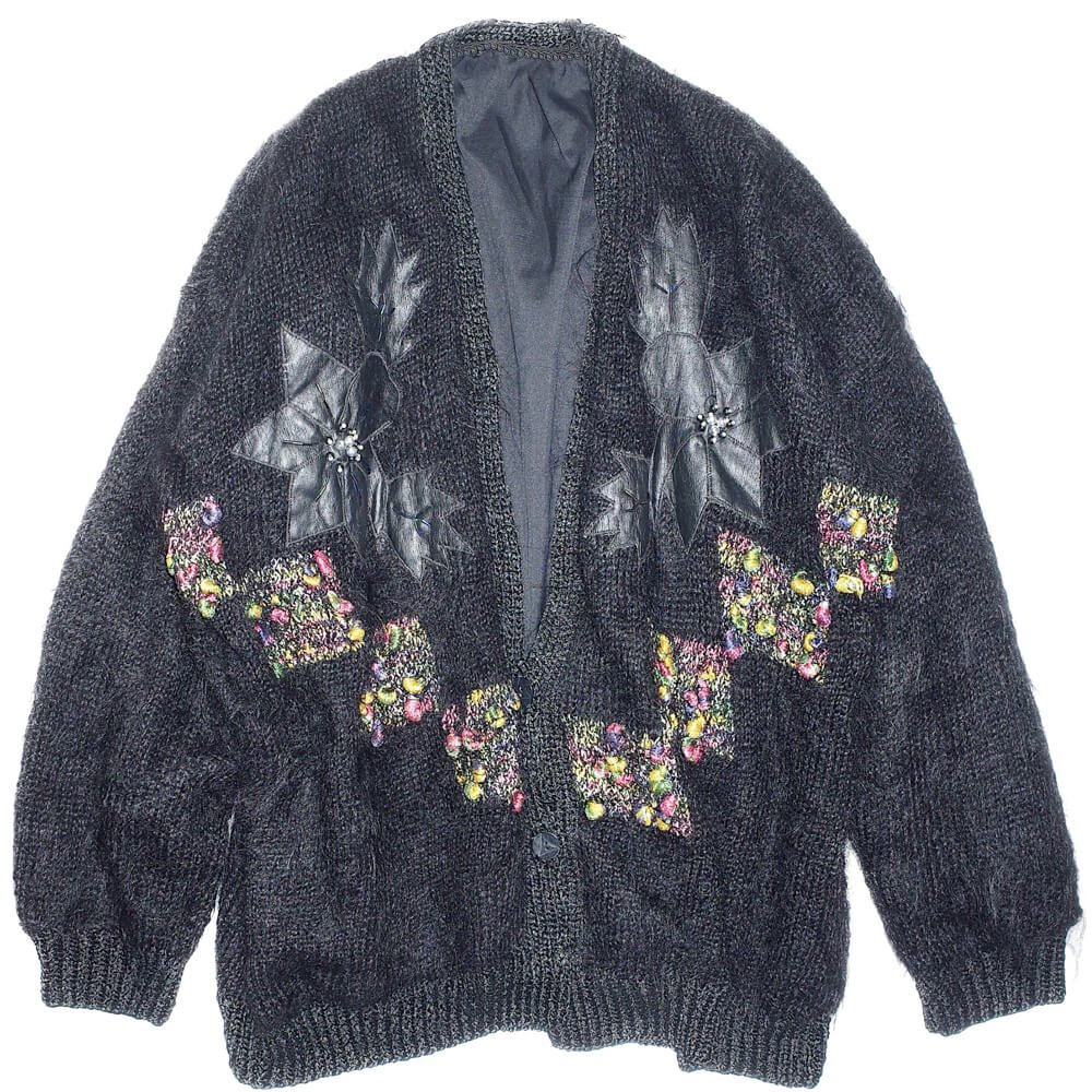 Black Long Mohair  Leather Mix Material Knit Cardigan