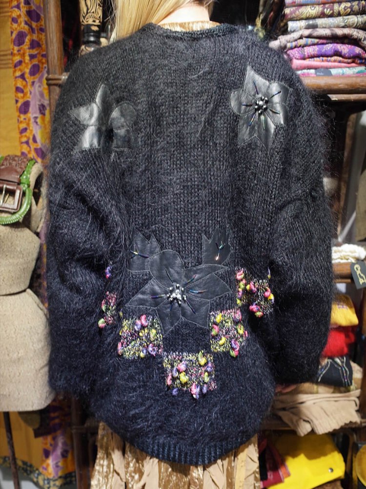 Black Long Mohair  Leather Mix Material Knit Cardigan