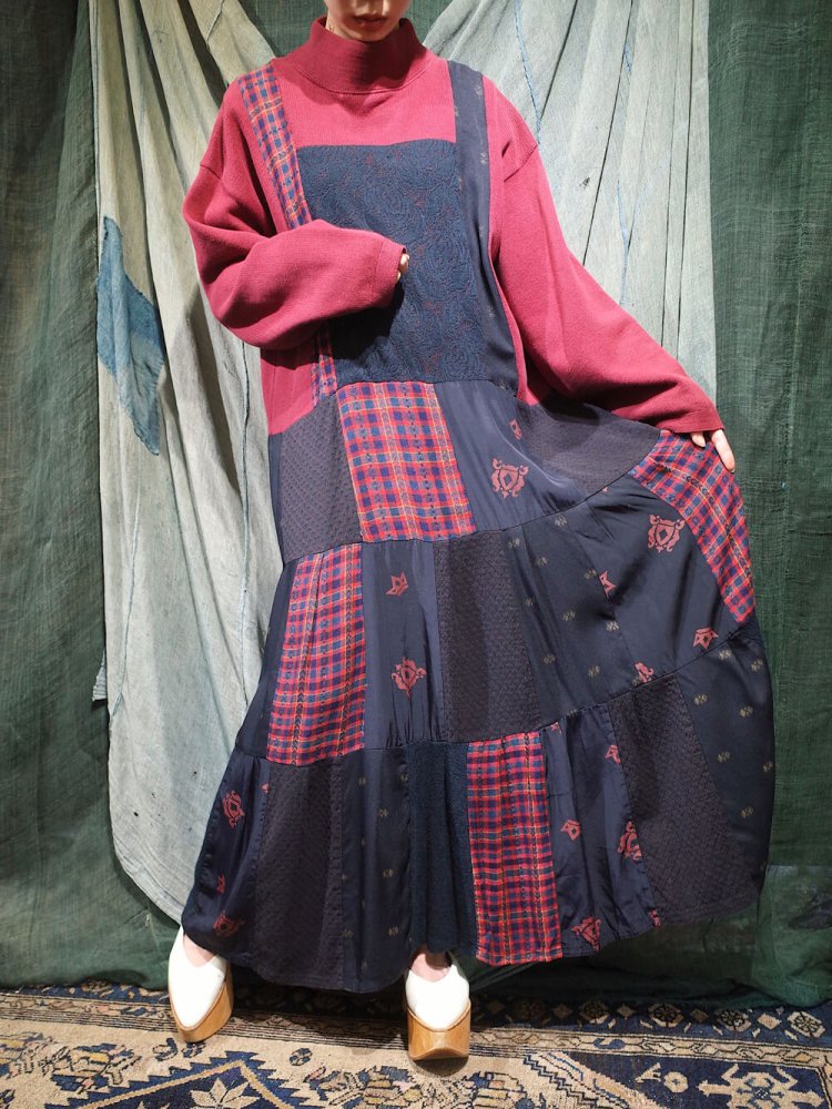 Plaid  Knit Patchwork High Neck Dress