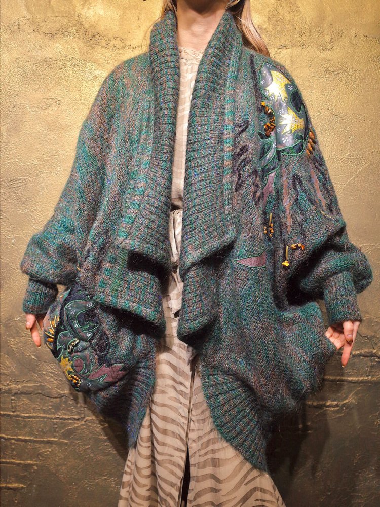 Green & Lame Mohair  Leather Batwing Sleeves Knit Coat