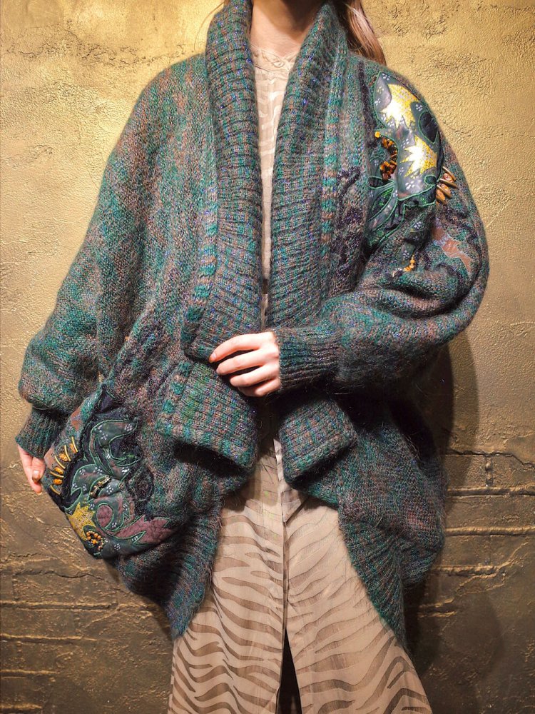 Green & Lame Mohair  Leather Batwing Sleeves Knit Coat