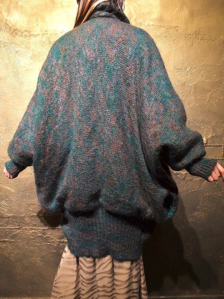 Green & Lame Mohair  Leather Batwing Sleeves Knit Coat