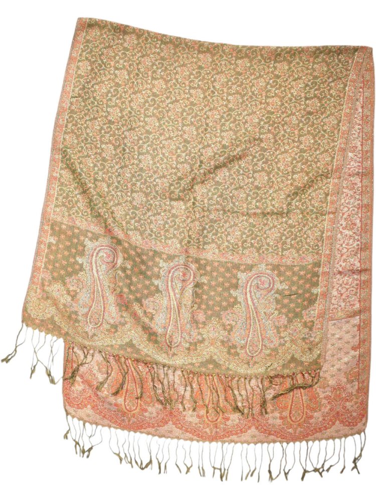 PASHMINAVintage Ƚ Stole Moss Green Paisley / Lame