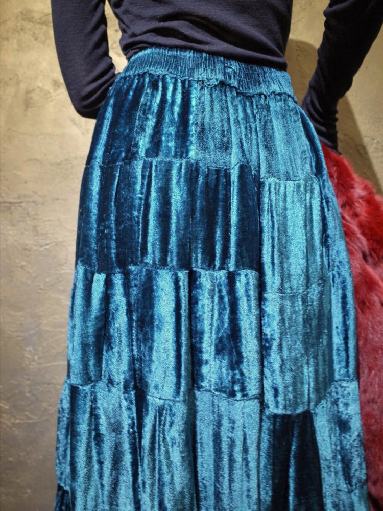 Turquoise Blue Rayon Velvet Patchwork Skirt