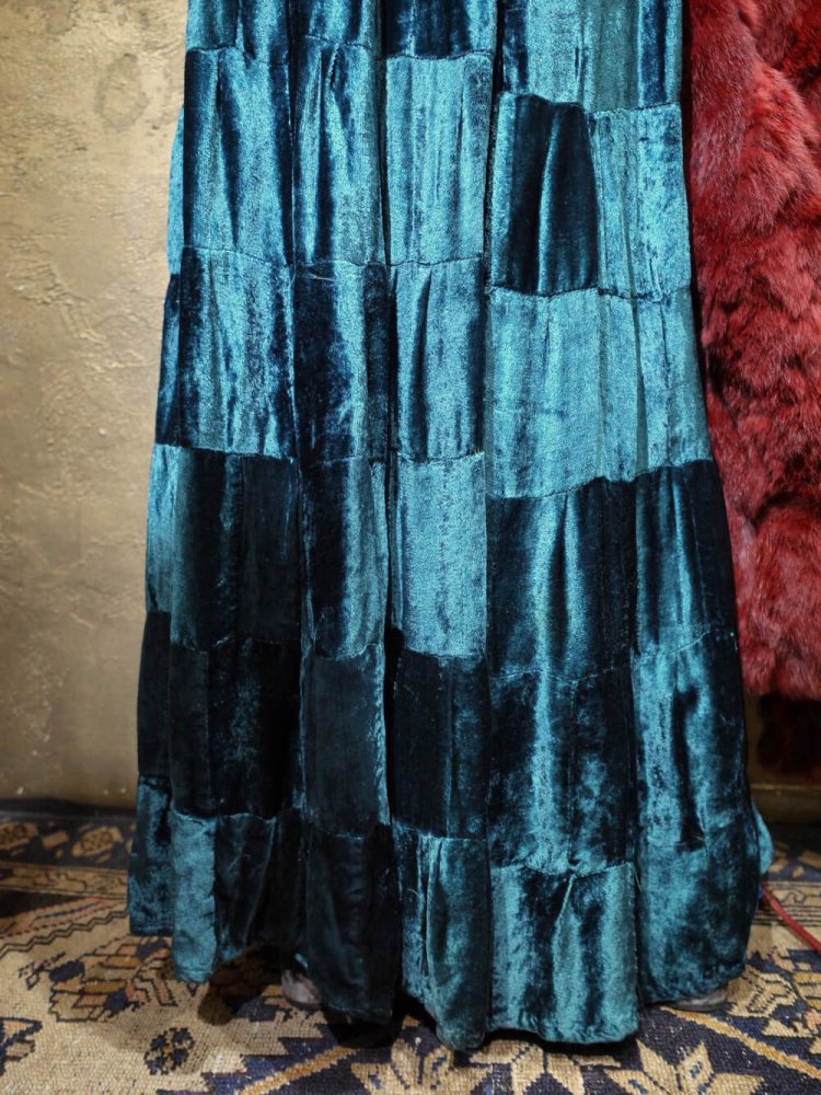 Turquoise Blue Rayon Velvet Patchwork Skirt