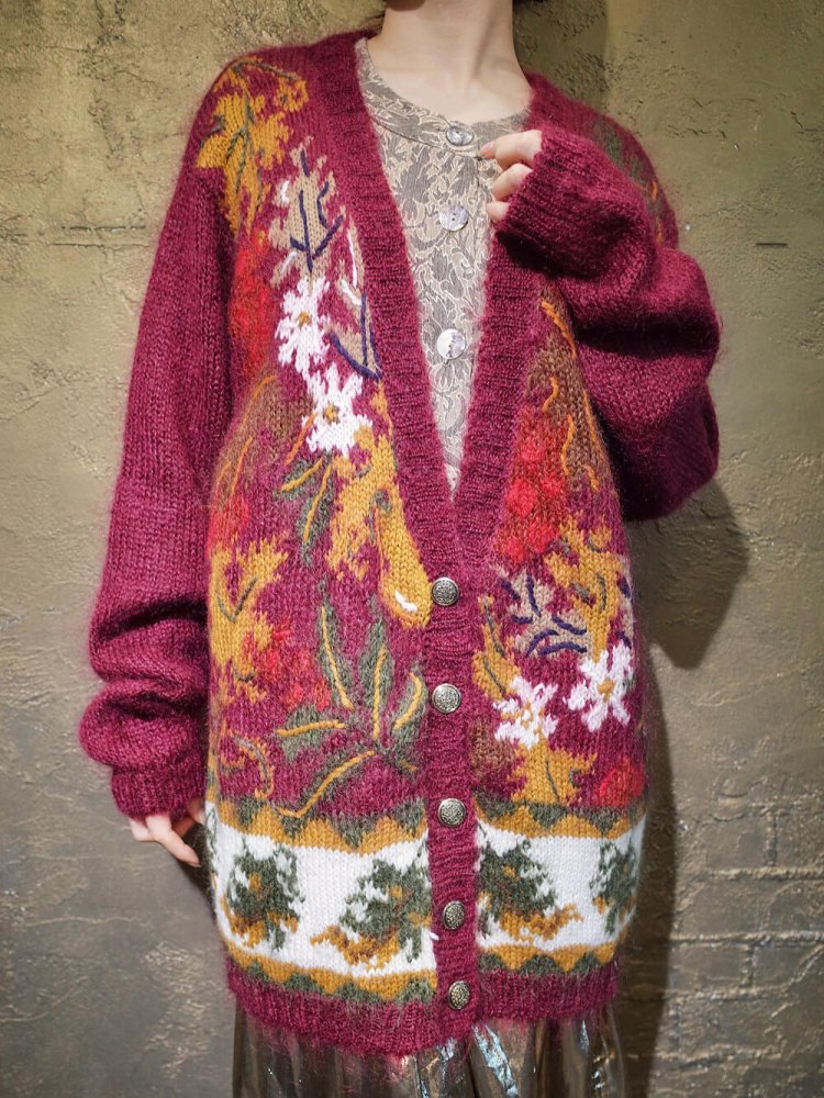 Bordeaux Flower Mohair Knit Cardigan