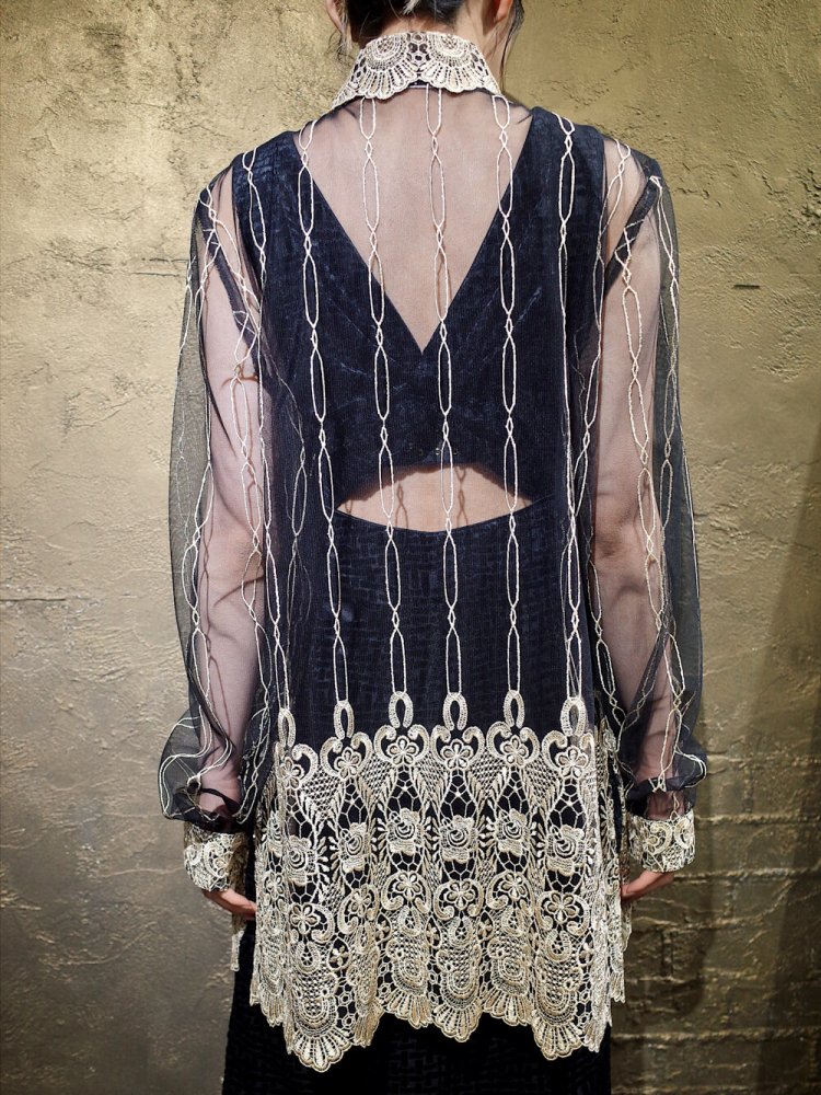 Classical Embroidery Mesh Sheer Shirt