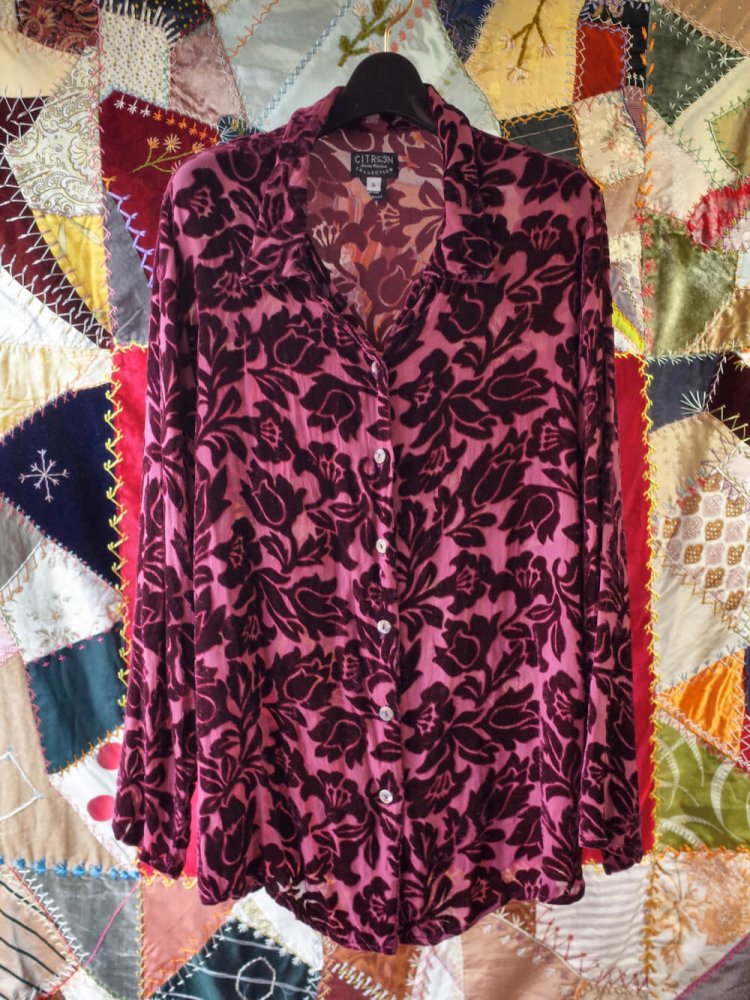 Bordeaux Flower Silk 100% Velvet  Sheer Shirt