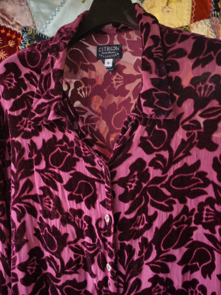 Bordeaux Flower Silk 100% Velvet  Sheer Shirt