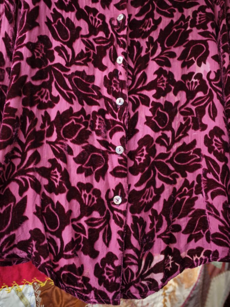 Bordeaux Flower Silk 100% Velvet  Sheer Shirt