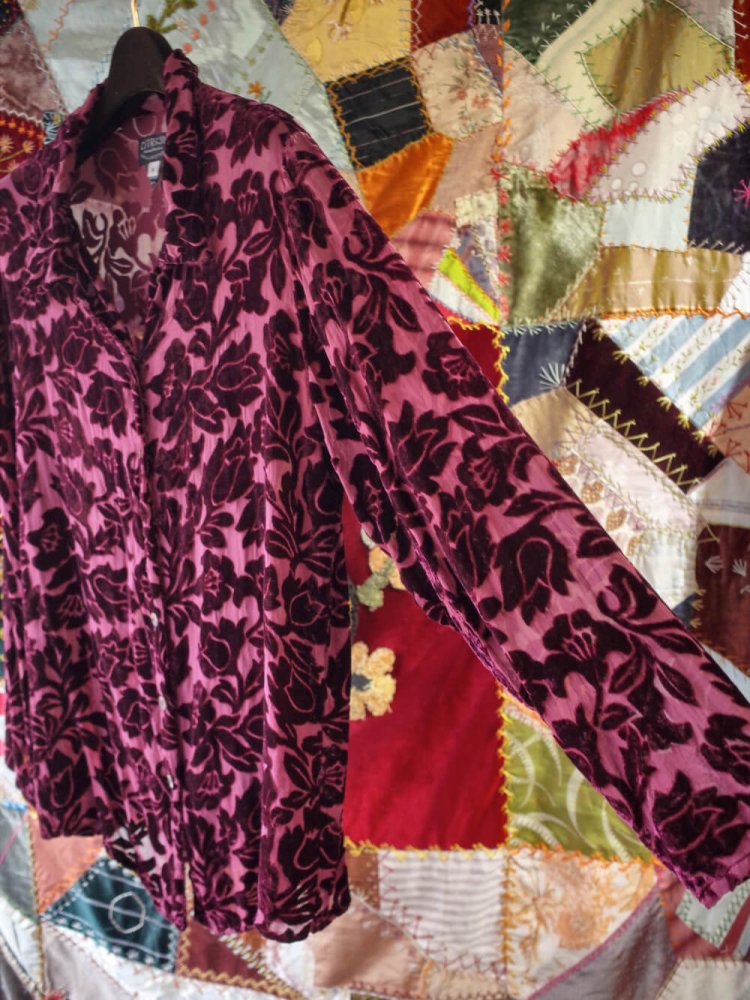 Bordeaux Flower Silk 100% Velvet  Sheer Shirt