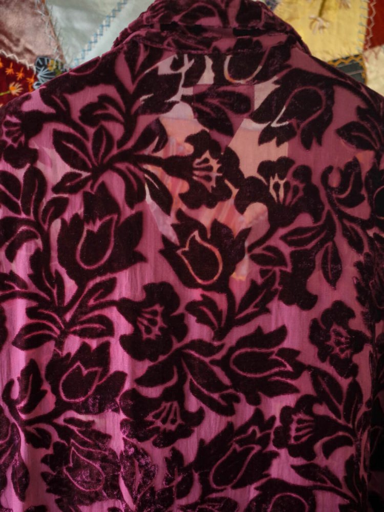 Bordeaux Flower Silk 100% Velvet  Sheer Shirt