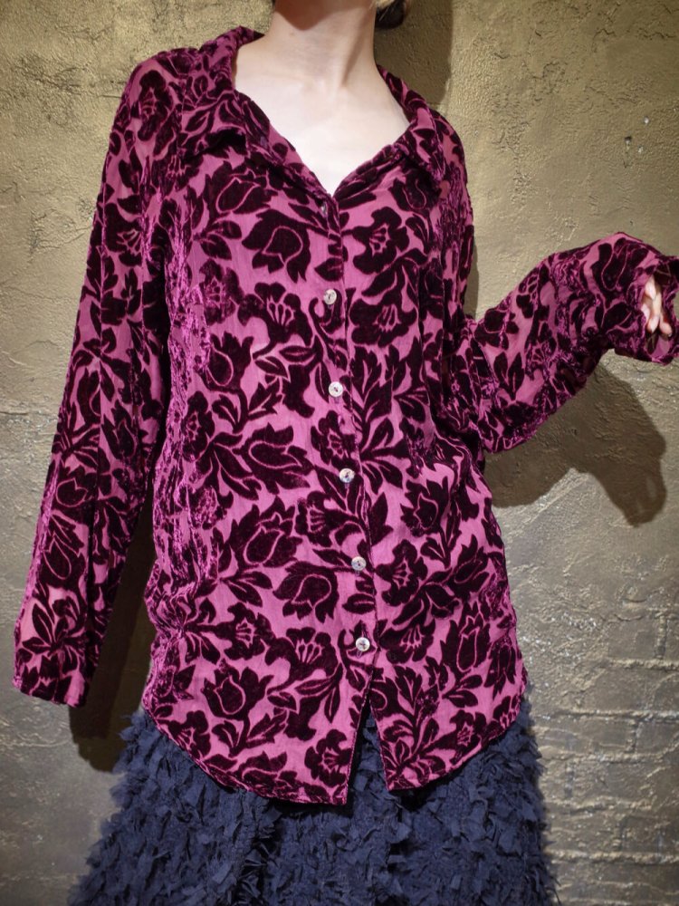 Bordeaux Flower Silk 100% Velvet  Sheer Shirt