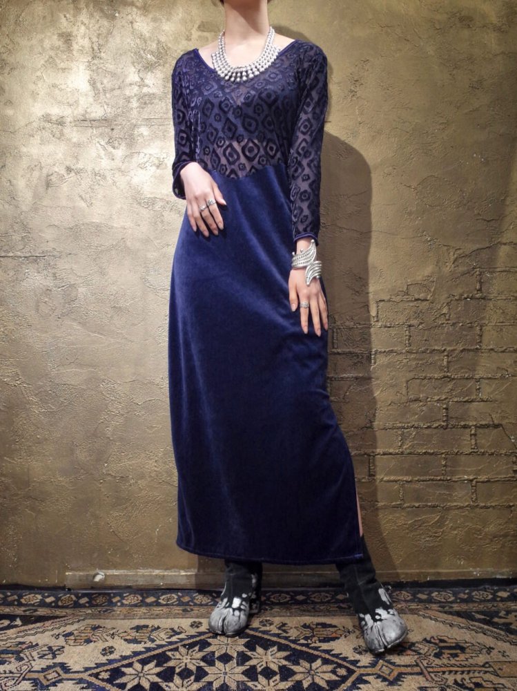 Navy Velvet & Mesh Sheer Slit Dress