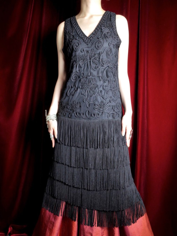 Black Code Embroidery  Fringe 1920s Style Dress