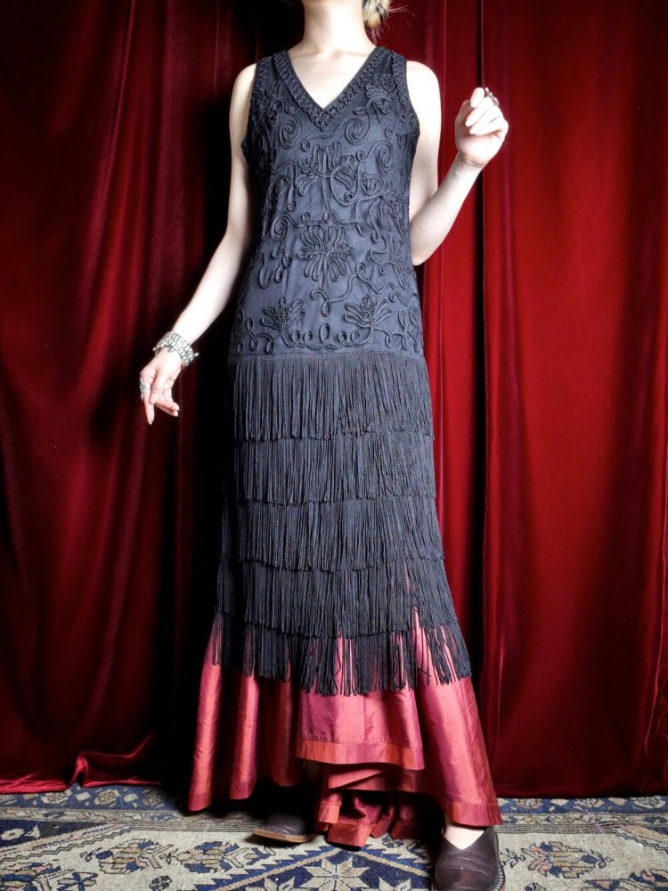 Black Code Embroidery  Fringe 1920s Style Dress