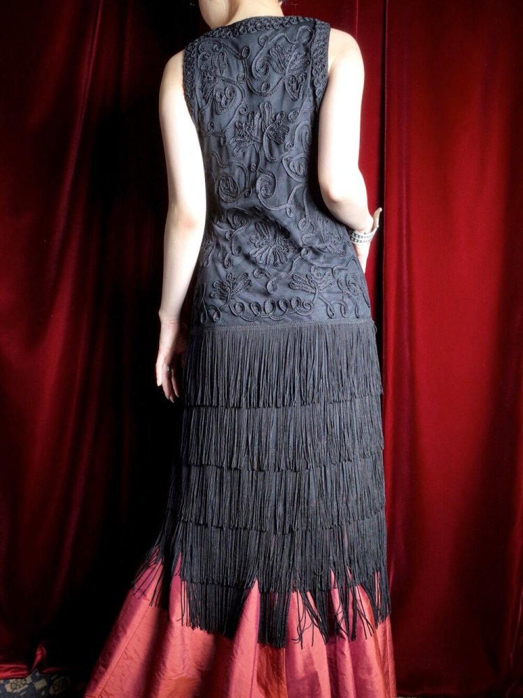 Black Code Embroidery  Fringe 1920s Style Dress