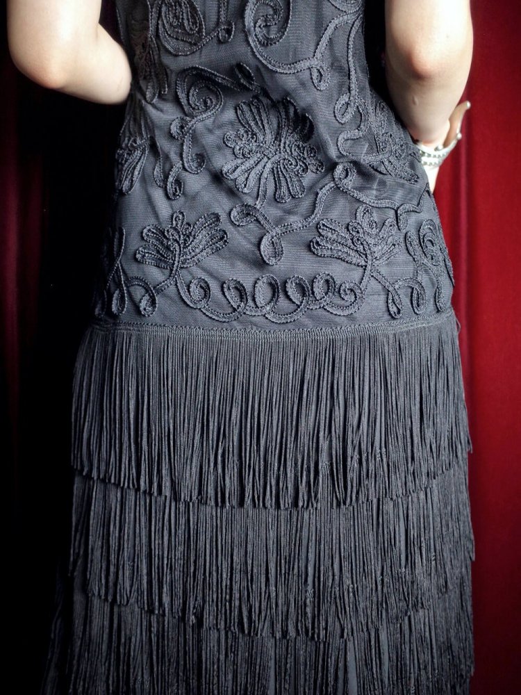 Black Code Embroidery  Fringe 1920s Style Dress