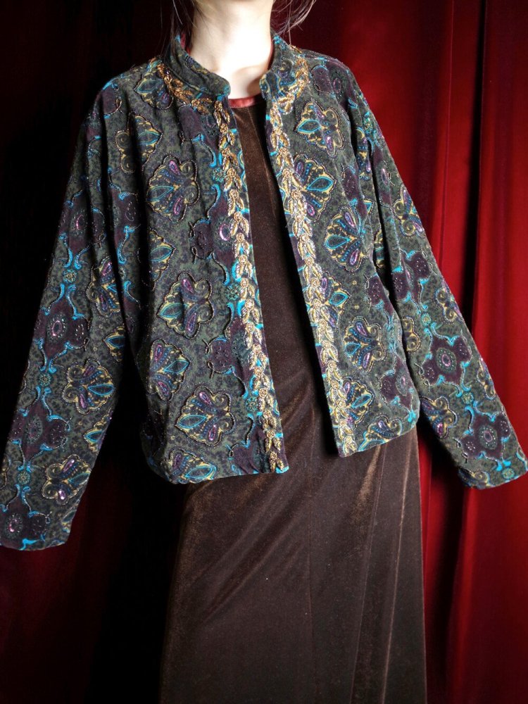 Arabesque Cotton Velvet & Bijou Embroidery Short Jacket