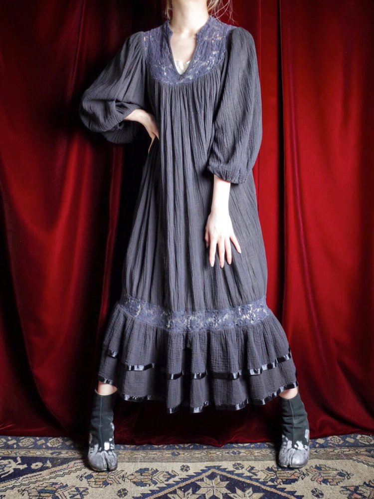 c.1970s Black Cotton Gaze & Lace Gather Dress