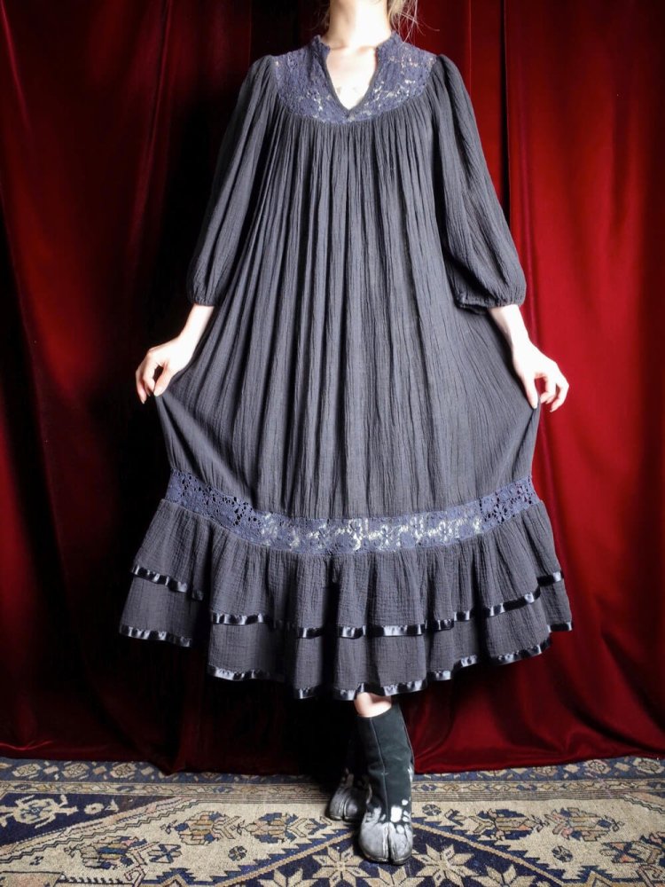 c.1970s Black Cotton Gaze & Lace Gather Dress