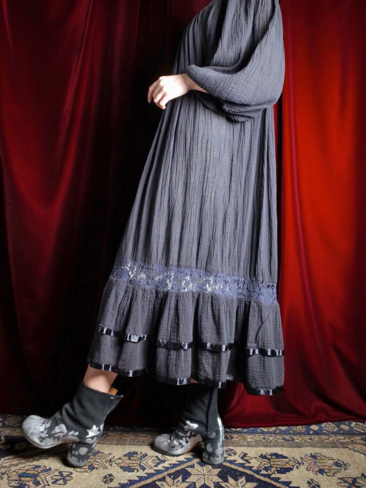 c.1970s Black Cotton Gaze & Lace Gather Dress