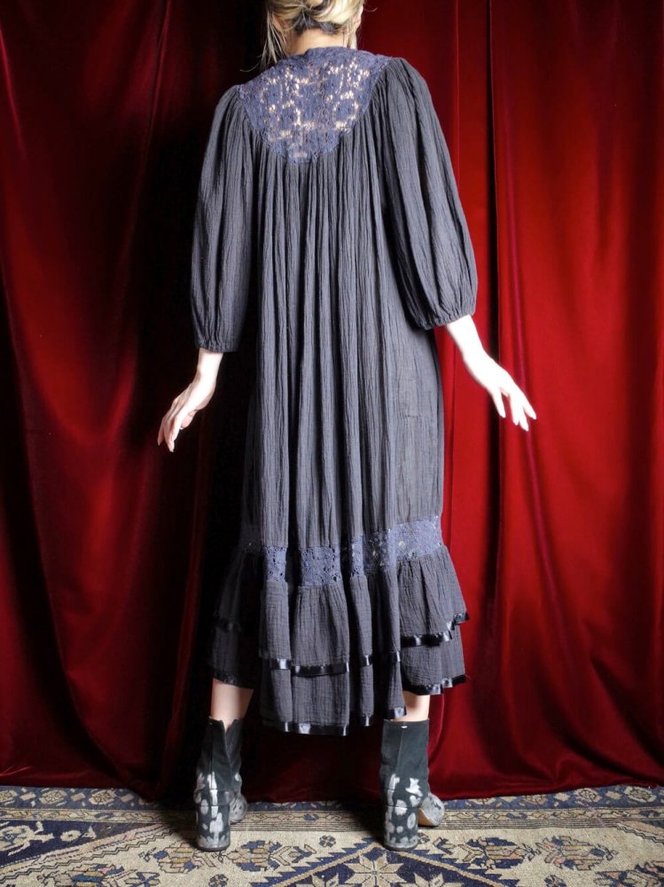 c.1970s Black Cotton Gaze & Lace Gather Dress