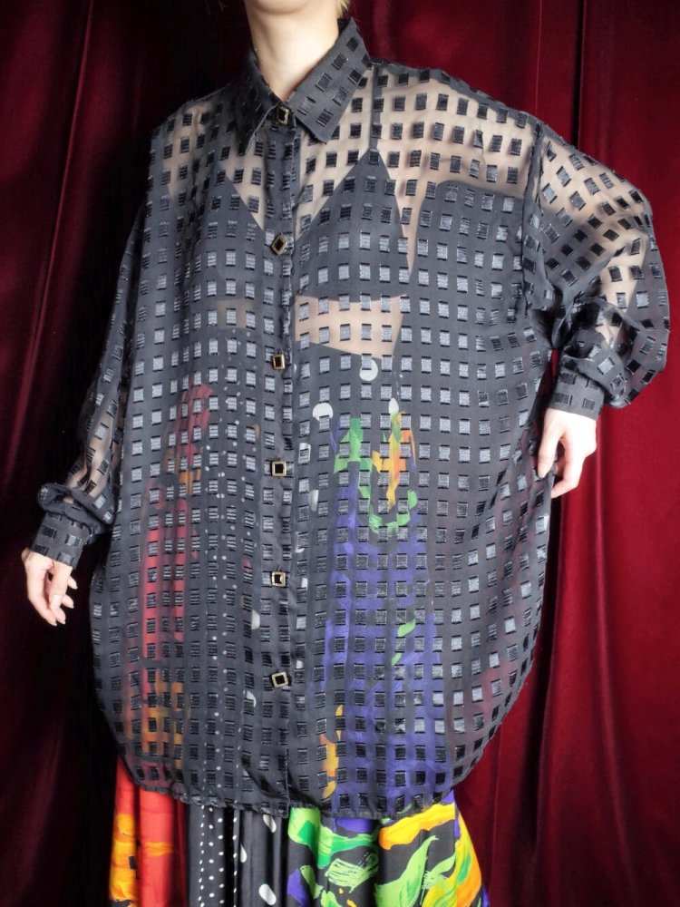 Black Sheer Square Pattern & Square Buttons Big Silhouette Shirt