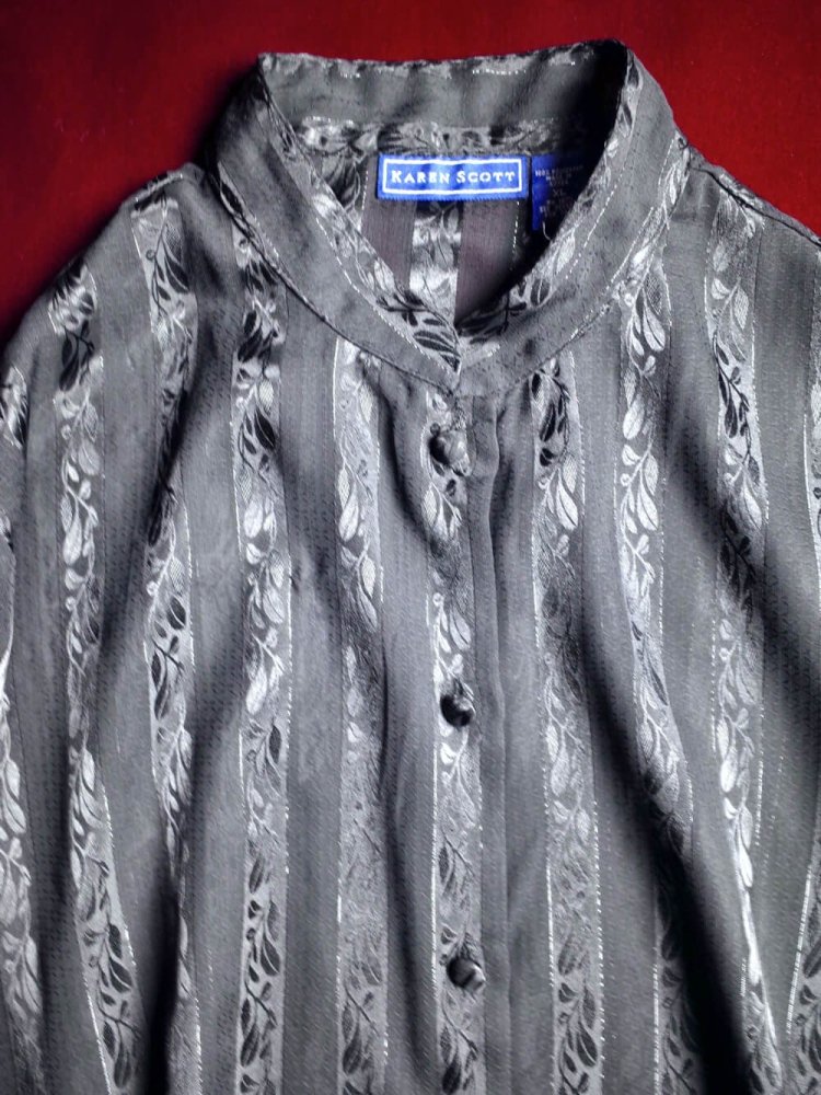 Black Sheer Leaf Pattern Mao Collar Shirt