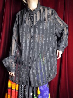 Black Sheer Leaf Pattern Mao Collar Shirt