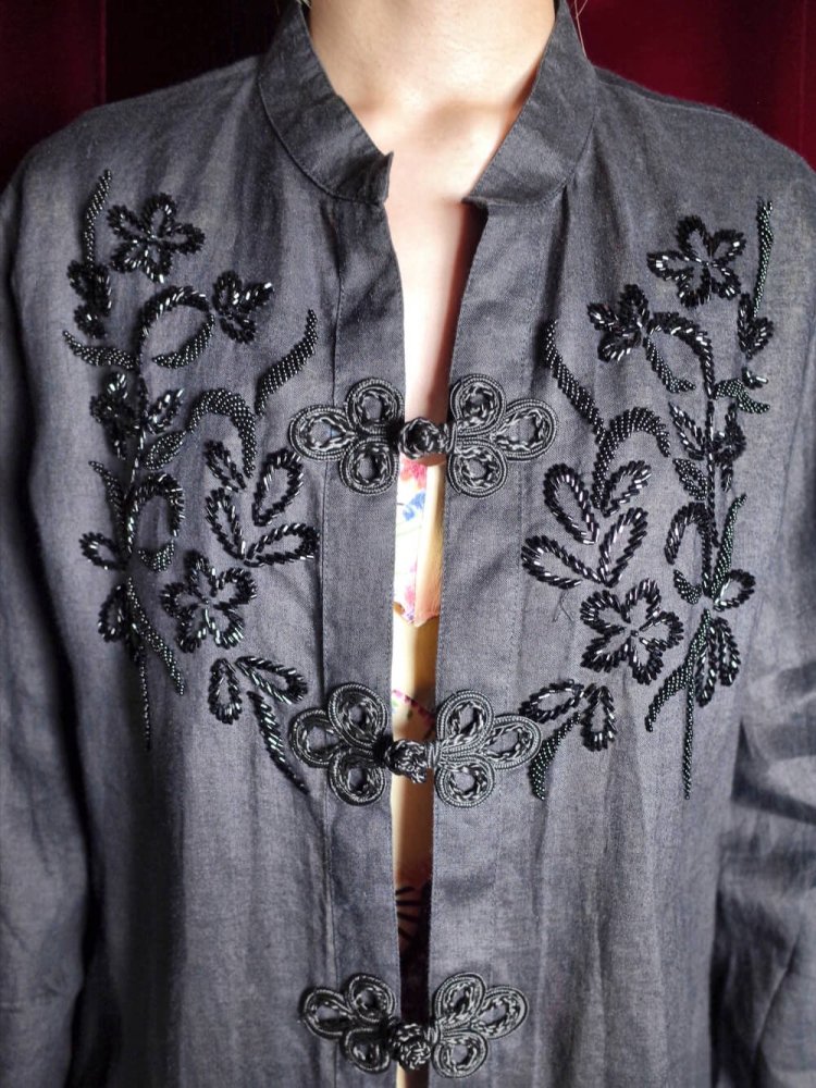 Black Linen Bijou Embroidery & China Buttons Shirt / Gown