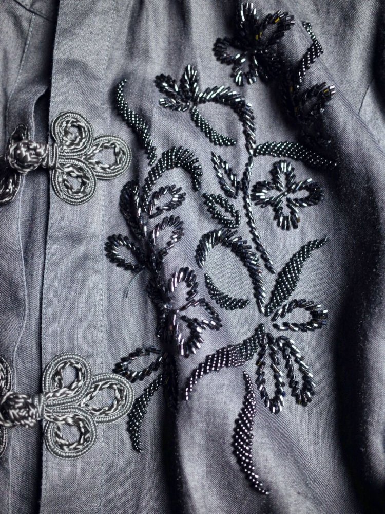 Black Linen Bijou Embroidery & China Buttons Shirt / Gown