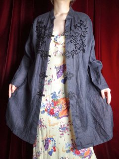 Black Linen Bijou Embroidery & China Buttons Shirt / Gown