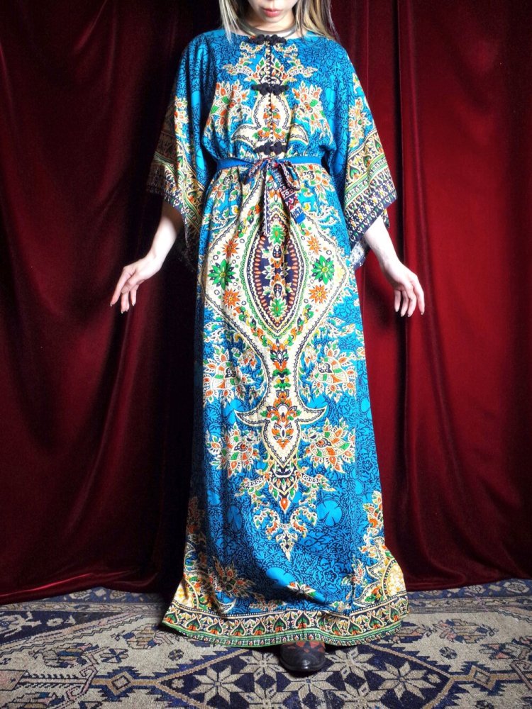 c.1970s China Buttons Blue Thailand Batik Dress