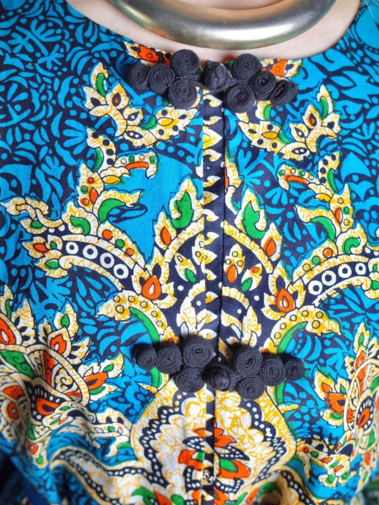 c.1970s China Buttons Blue Thailand Batik Dress