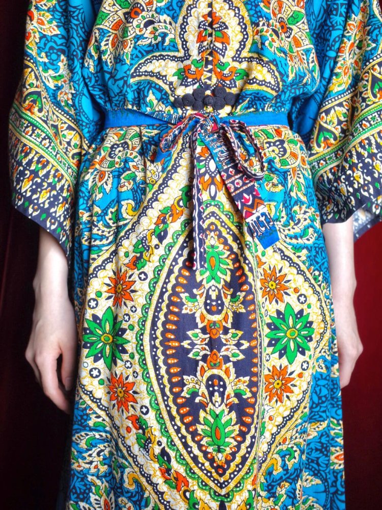 c.1970s China Buttons Blue Thailand Batik Dress