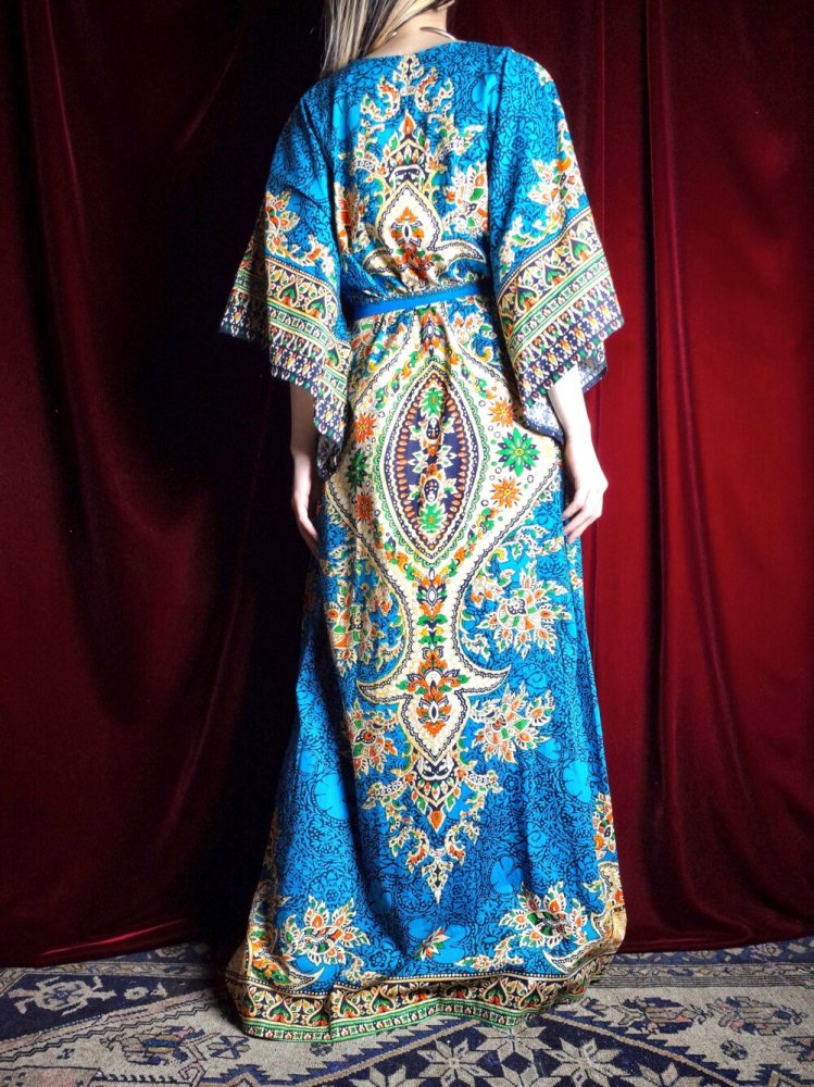 c.1970s China Buttons Blue Thailand Batik Dress