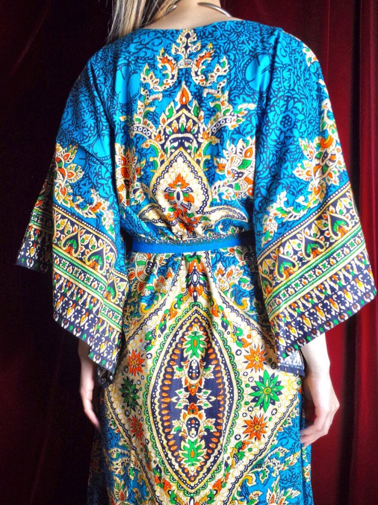 c.1970s China Buttons Blue Thailand Batik Dress