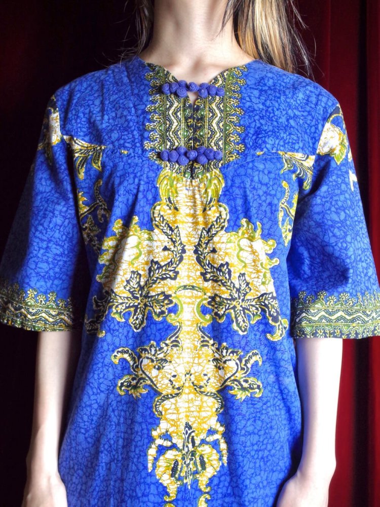 c.1970s China Buttons Navy Thailand Batik Dress