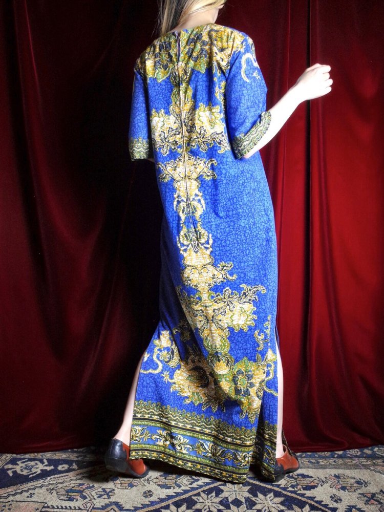 c.1970s China Buttons Navy Thailand Batik Dress